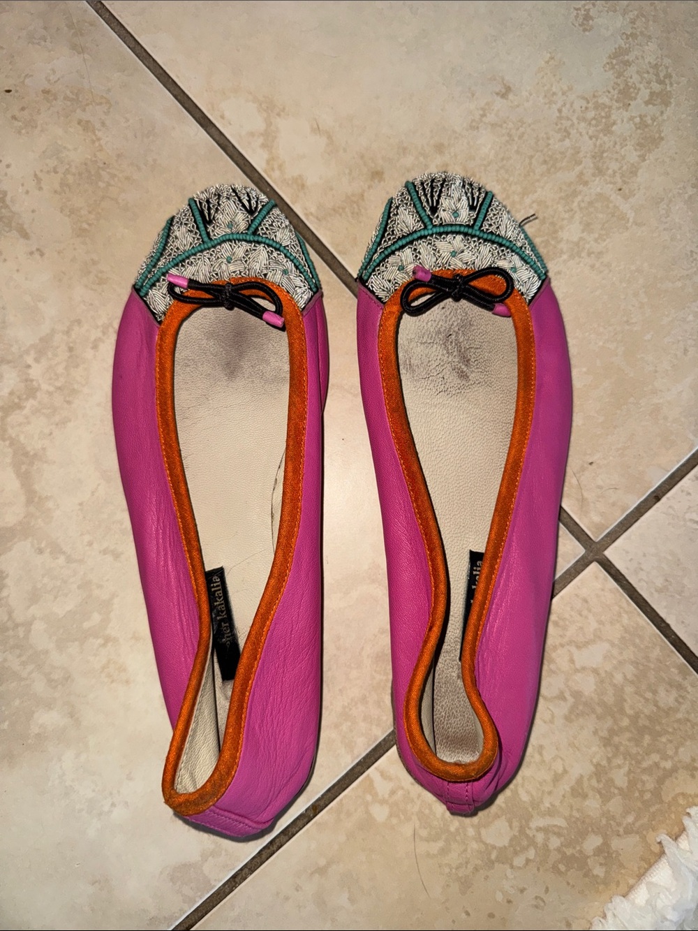 Women's Pink Embroidered Toe Ballet Flats ( real leather)